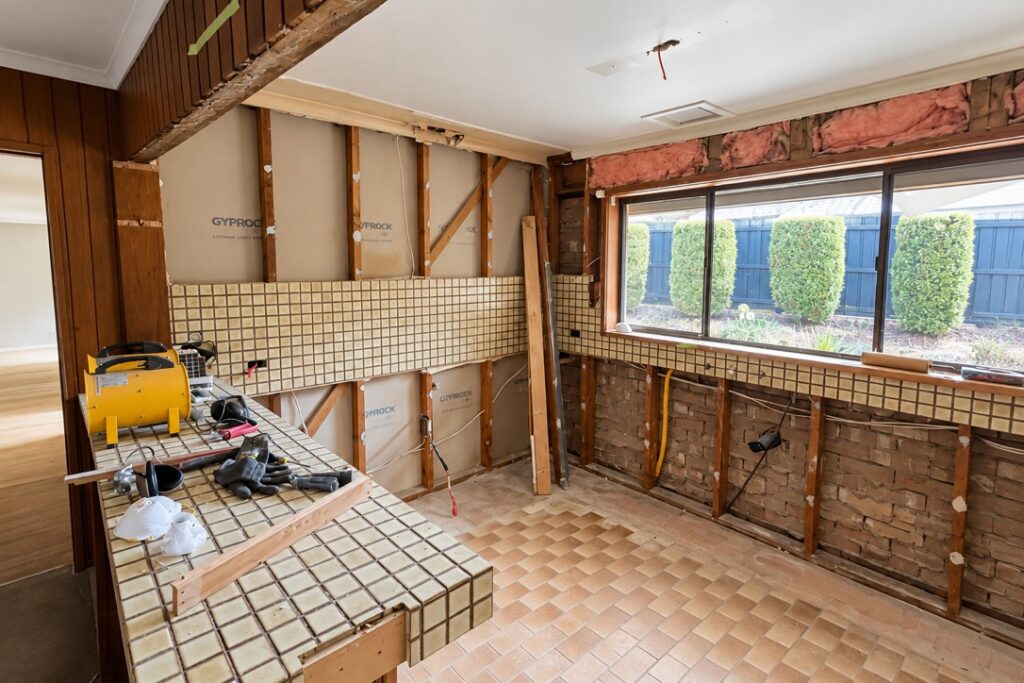 Kitchen stripped back to the frame during a renovation