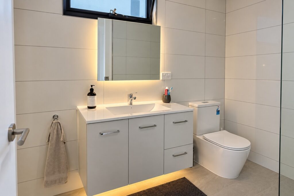 Bathroom vanity with a backlit mirror and LED strip under the cabinet