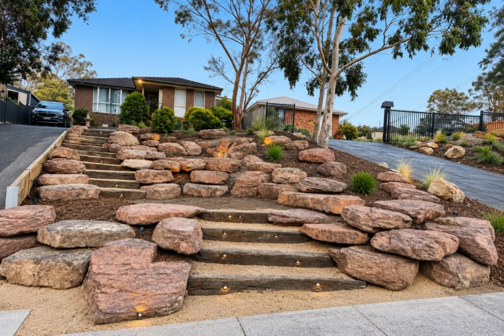 Front garden with boulder steps and step lights, by day
