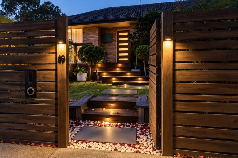 Front gate and timber screen with wall lights, and step lights leading to the entry