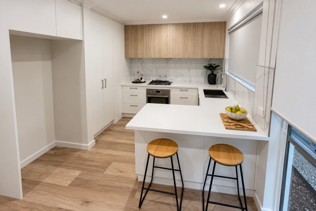 Renovated kitchen with downlights and an island bench