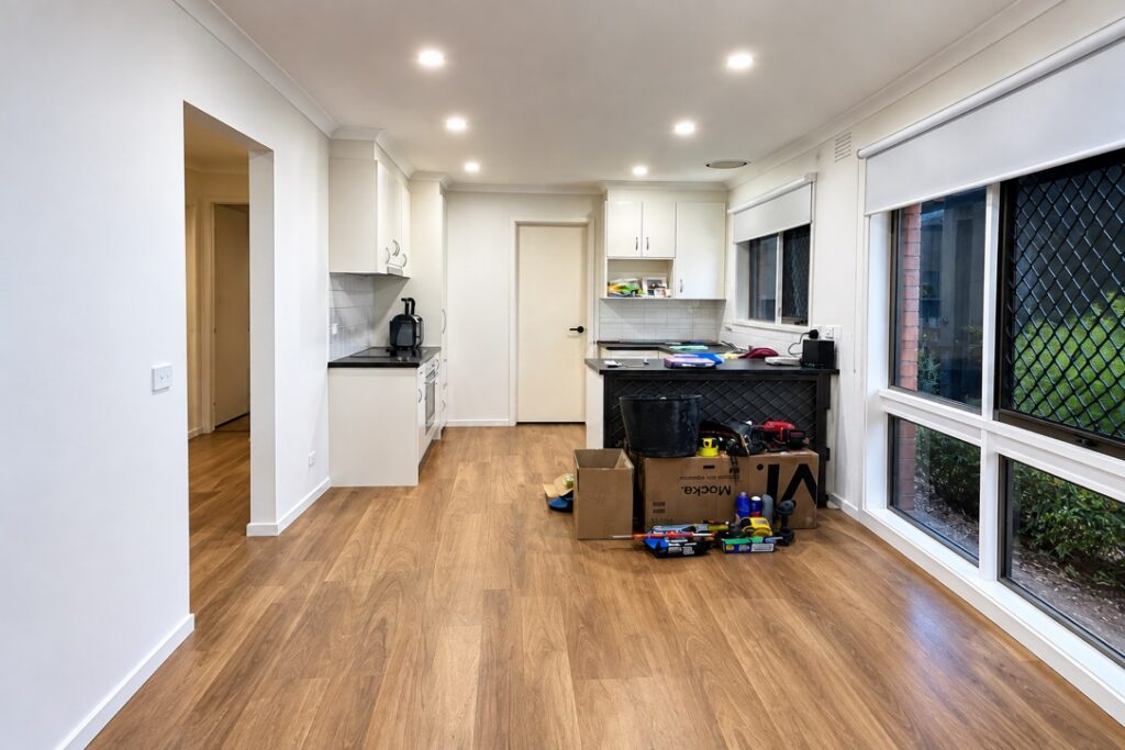LED downlights through a renovated living area