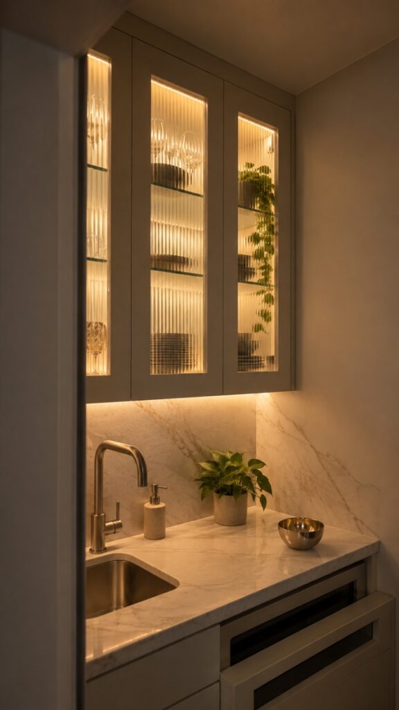 Butler’s pantry joinery with LED lighting in the glass cabinets and shelves