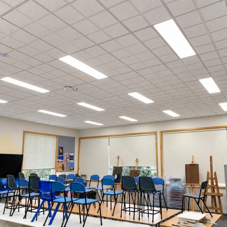 LED panel lights installed across a commercial ceiling grid