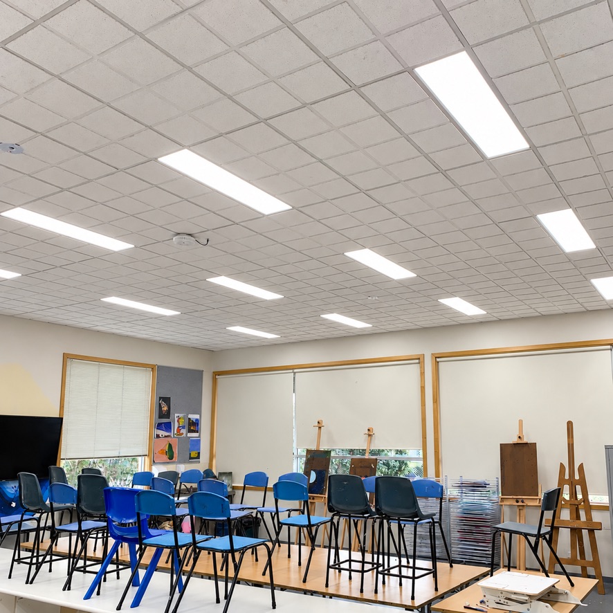 LED panel lights installed across a commercial ceiling grid