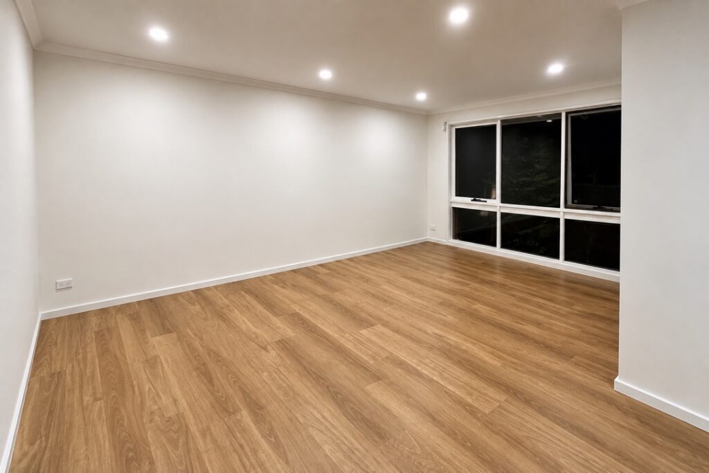 Renovated room with LED downlights and new timber-look flooring