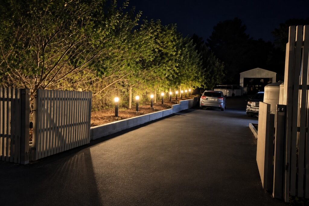 Driveway lit at night by a row of garden bollard lights