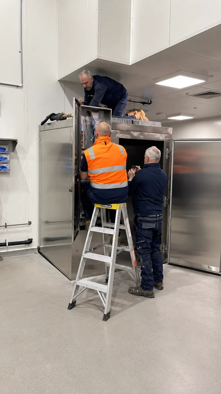 Two electricians on ladders working on stainless steel plant in a commercial kitchen