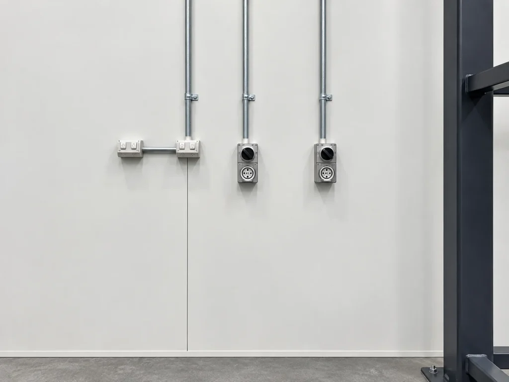 New surface conduit runs feeding wall-mounted double power points and three-phase outlets with isolators