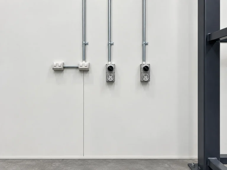 New surface conduit runs feeding wall-mounted double power points and three-phase outlets with isolators