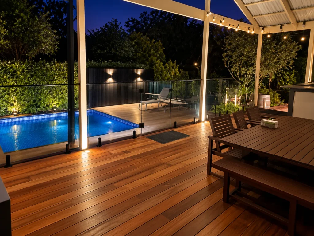 Covered deck with festoon lighting beside a lit pool