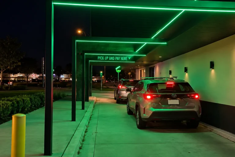 Green LED strip lighting running along a drive through canopy at night with cars waiting
