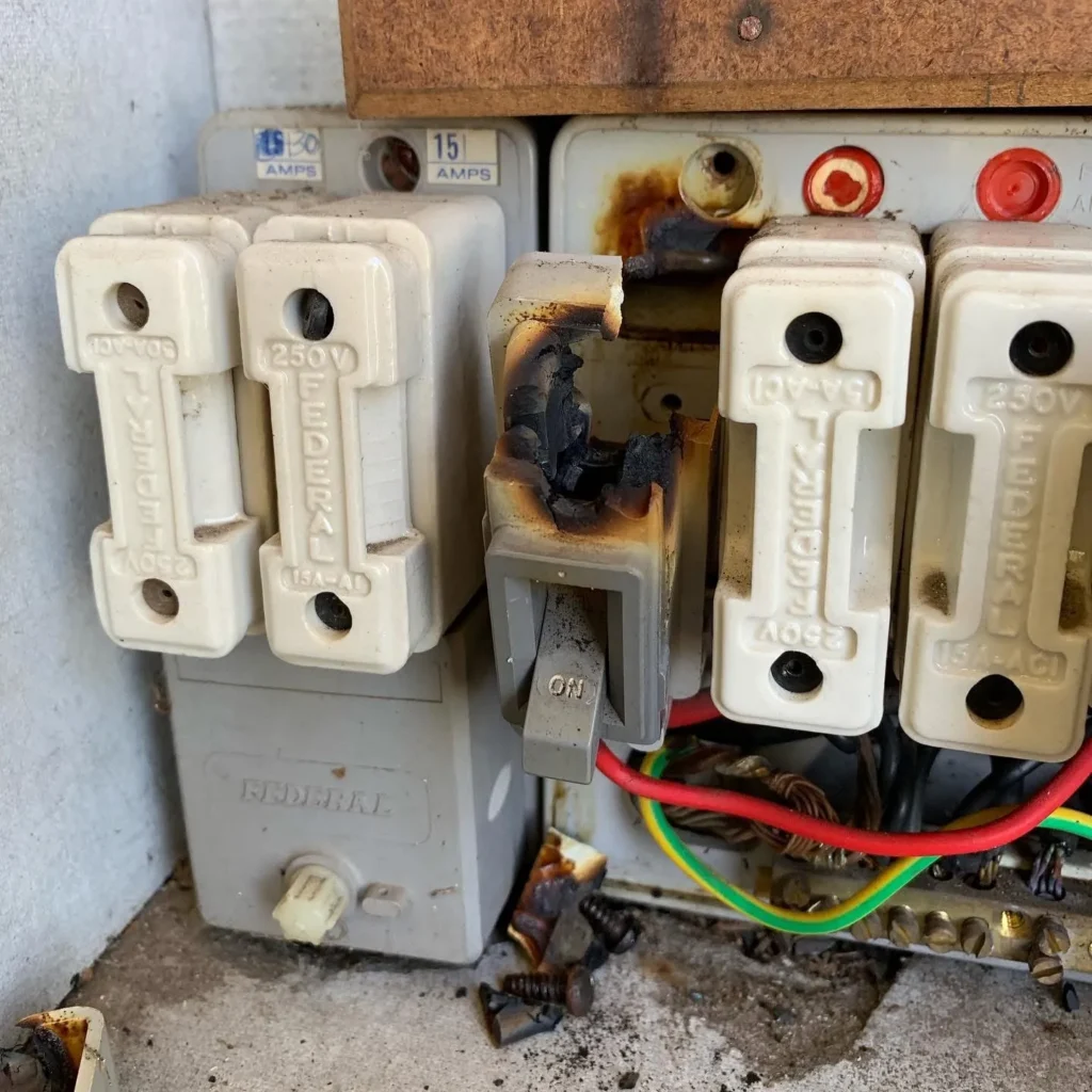 Heat-damaged ceramic fuse holders in an old switchboard