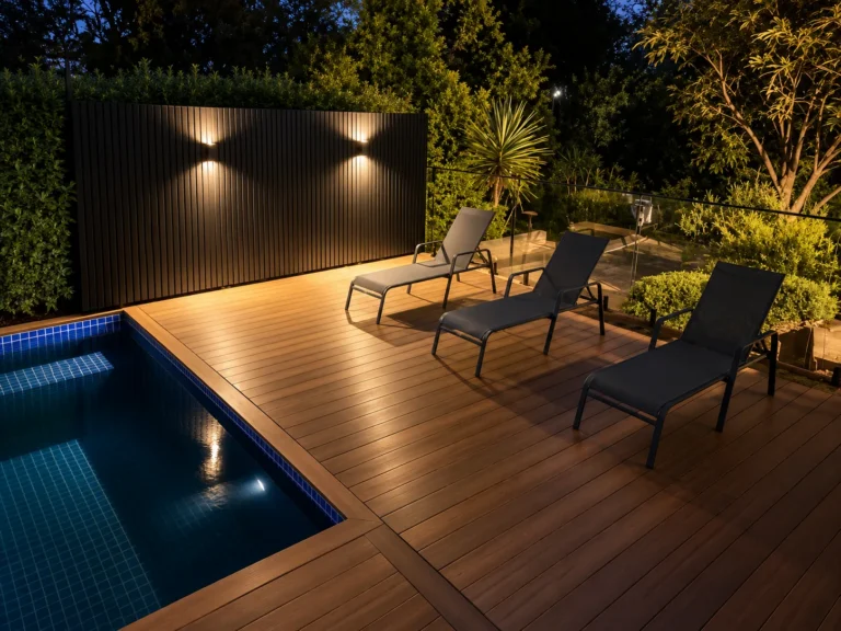 Pool deck at night with uplit batten screen and low level lighting