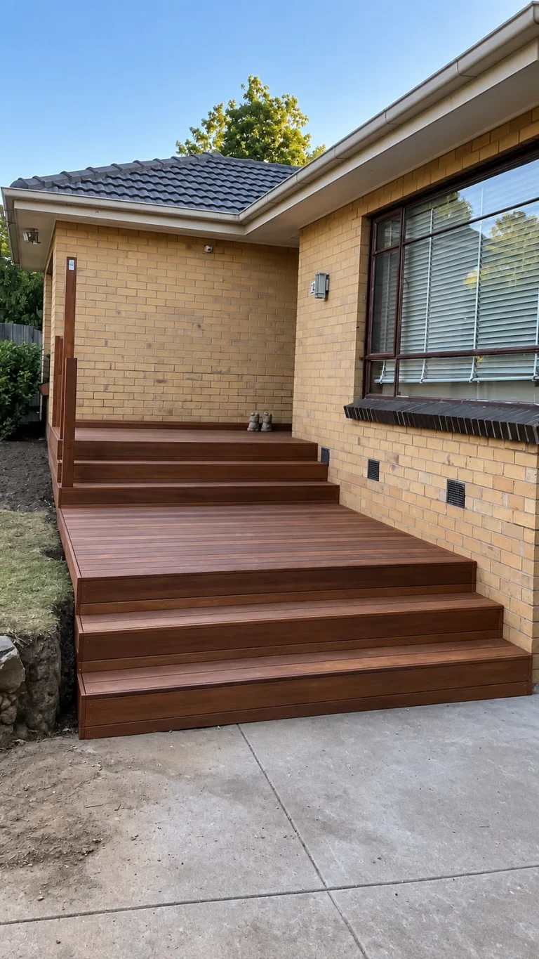 Finished timber deck and steps leading to the entry of a brick home