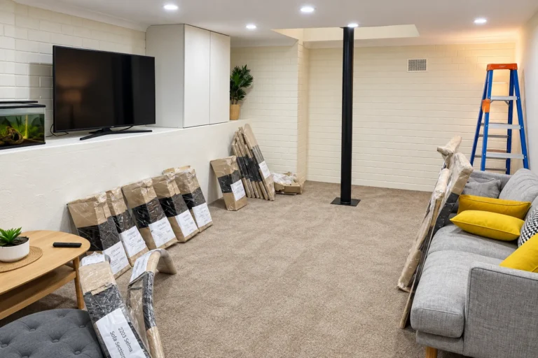 Renovated living room with new flooring, wall lining and pendant lighting
