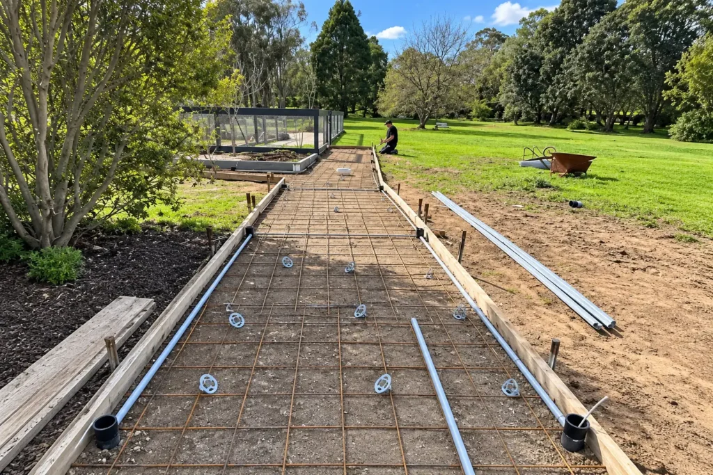 Concrete path formwork with steel reinforcing mesh and electrical conduit laid before the pour