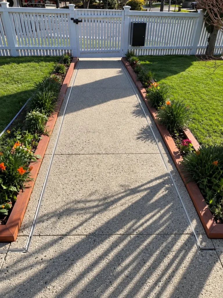 Front path in exposed aggregate with recessed LED strip edging along both sides and planted garden beds