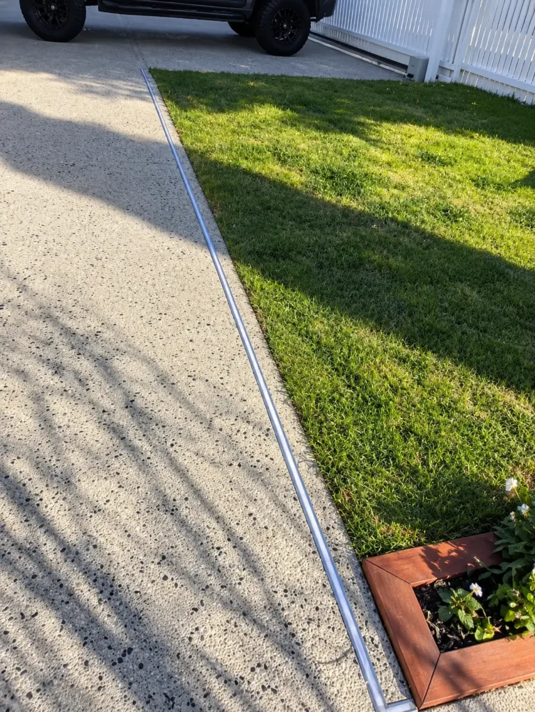 Recessed LED strip running the length of the driveway edge where the concrete meets the lawn