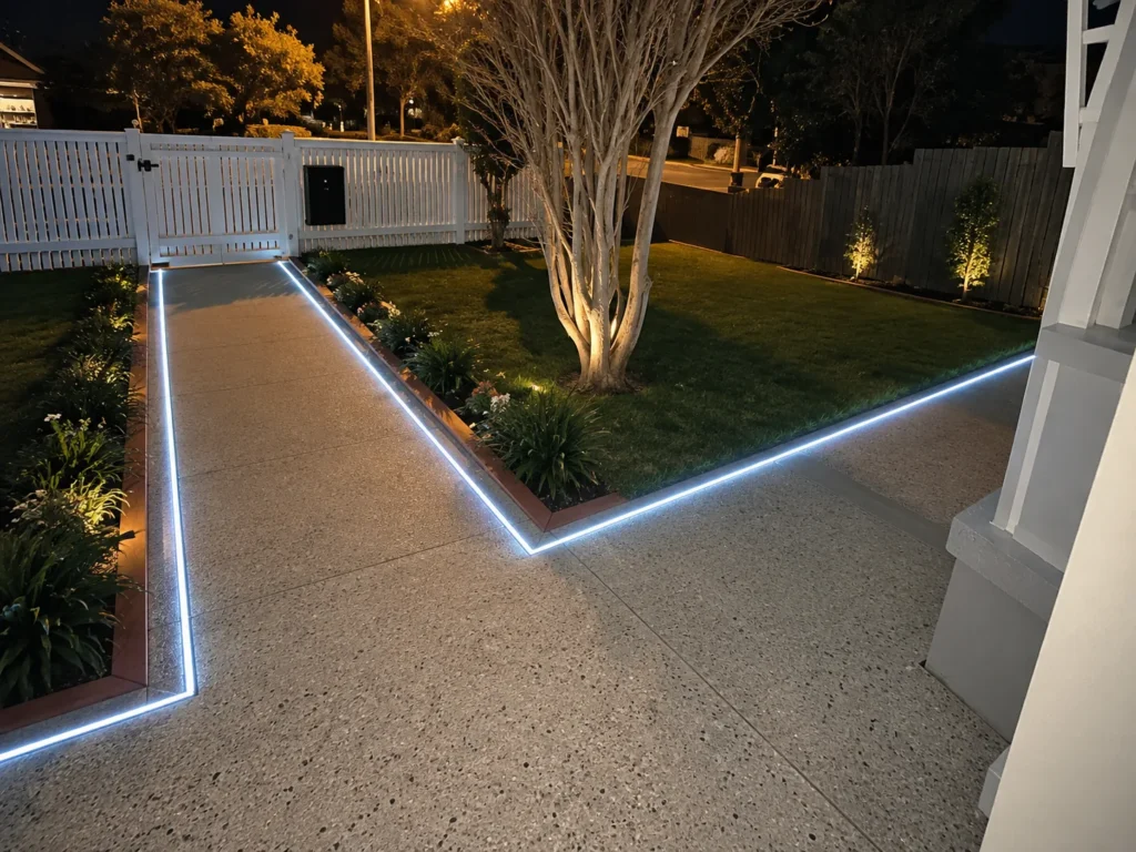 Front path and driveway at night with LED strip edging and uplit trees
