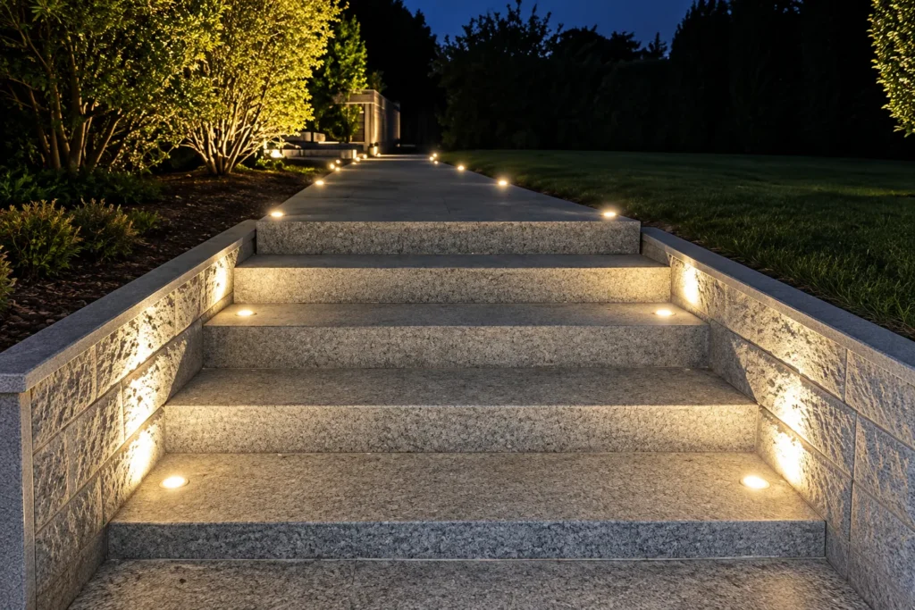 Granite steps at night lit by recessed step lights with in-ground path lights beyond