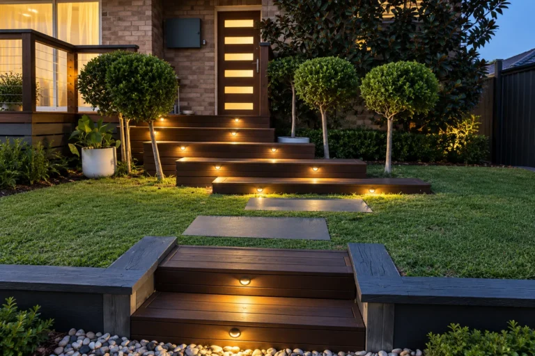 Timber entry steps and stepping stone path lit at night with recessed step lights