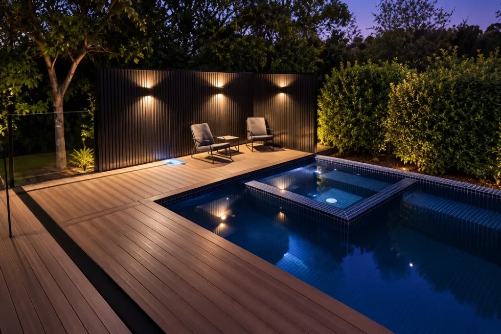 Tiled spa built into a lit pool at night beside a composite deck and a black screen wall with wall lights