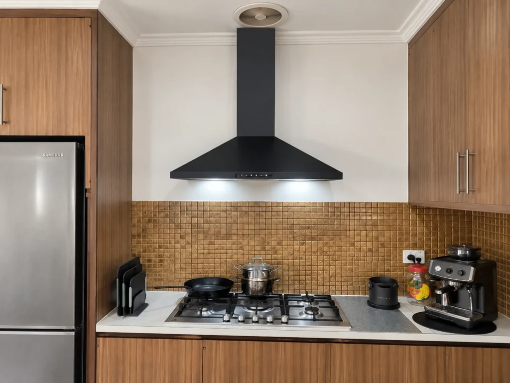 Black canopy rangehood installed above a gas cooktop with ducting run to the ceiling