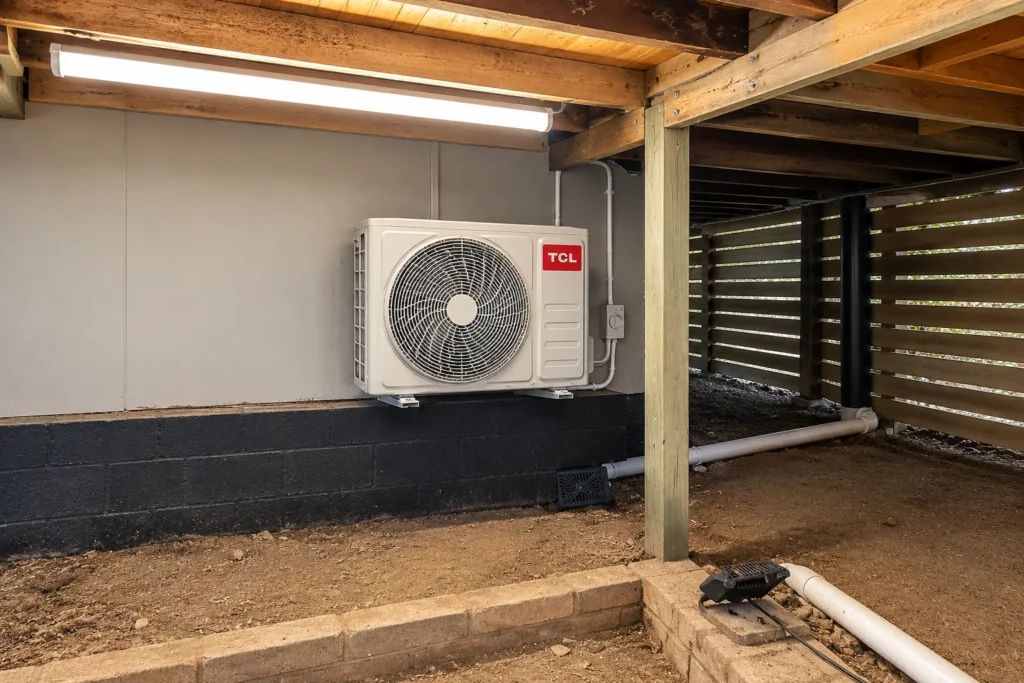 Split system condenser mounted under a timber deck with pipework and drain run in conduit